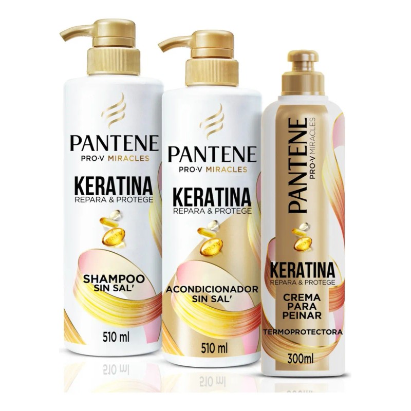 Kit Pantene Keratina Pro-V Miracles, Shampoo, Acondicionador para Cabello y