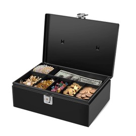 Flexzion Cash Box with Money Tray and Lock - Metal Money Box for Cash Storage with Secure Latch Lock & Key, Black Petty Cash Box with 7 Compartment Money Tray for Small Businesses, 11x7.7x3.5 Inches