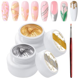U-Shinein 2Pcs Nail Sculpting Gel,Non Wipe 3D Painting Nail Polish Gel with Nail Painting Pen for Art Carving Modeling,Rub Chrome Nail Powder,and Nail Painting UV/Led Manicure DIY, Gold & Silver