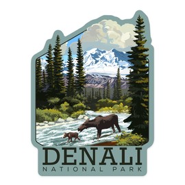 Die Cut Sticker Denali National Park, Alaska, Moose and River Rapids, Contour Vinyl Sticker 3 to 6 inches, (Waterproof Decal for Cars, Water Bottles, Laptops, Coolers), Large
