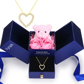 llyish Eternal Rose with Heart Necklace and Bear Gift Box Gift for Women Mum Girlfriend for Birthday Mother's Day Anniversary Valentine's Day Thanksgiving Day