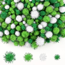 NACHLYNN 1000 Glitter Pom Poms Bulk 4 Sizes Assorted Multicolor Soft Fluffy Pom Poms for Crafts DlY Decorations Activities with A Storage Bag (Green Series)