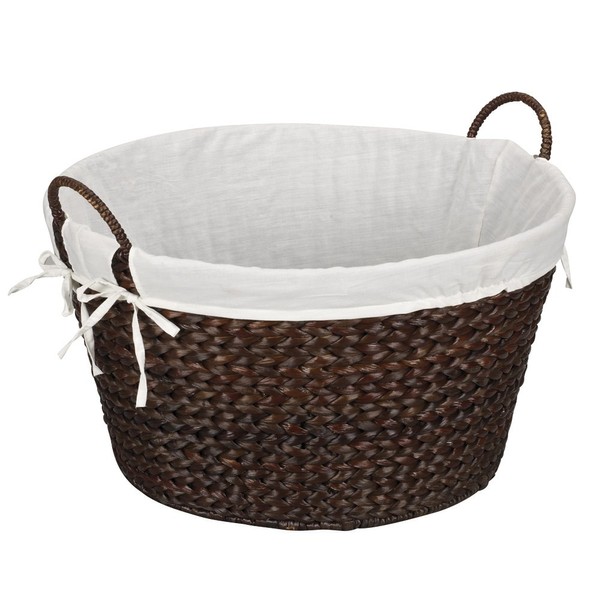 Household Essentials ML-6667B Round Wicker Laundry Basket Hamper with Liner-Dark Brown, Stained