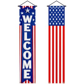 BlissYard 2Pcs Patriotic Decor Welcome Door Banner 4th of July Decorations American Banners Hanging Porch Signs for Independence Memorial Day Veterans Labor Day for Yard Indoor Outdoor Supplies