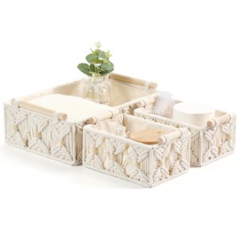 VinneGenzz 3PCS Decorative Boho Macrame Storage Baskets Handmade Bohemian Box Natural Cotton Rope Woven Bins with Wooden Handles Countertop Toilet Tank Shelf Organizer - Off White with Wood Beads