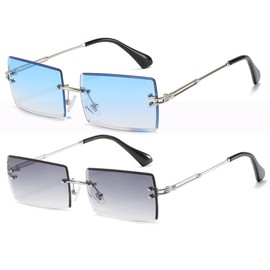 OSAGAMA Fashion Sunglasses Small Rectangular Rimless Glasses for Men and Women, Blue + gradient grey