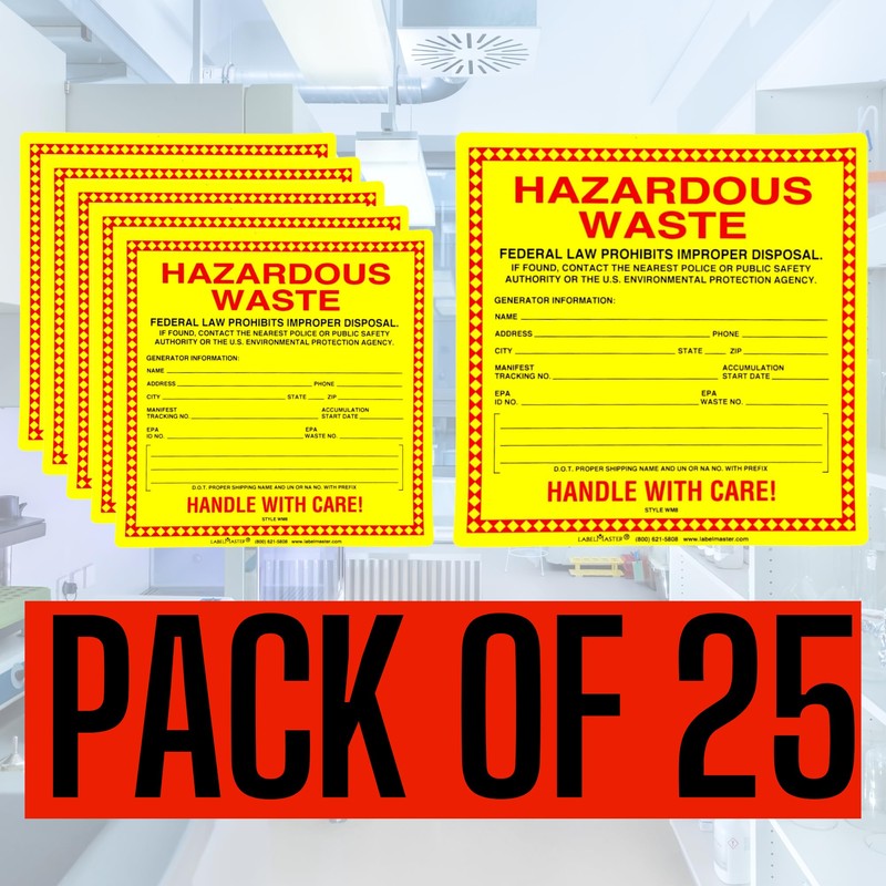 Hazardous Waste Labels, 6 x 6 inches, Red/Black/Yellow, Self-Adhesive Vinyl,