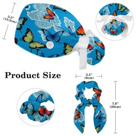 Scrub Caps Women with Button,Adjustable Bouffant Surgical Caps with Ponytail Pouch,Mandala Colored Butterflies Working Cap with Bow, Mandala Colored Butterflies, One Size