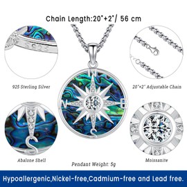 Eusense Sterling Silver Compass Necklace for Women & Men - 925 Sterling Silver, Abalone Shell, Moissanite, Lobster-Clasp, 20"+2" Extender, Unisex Adult