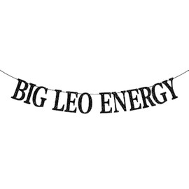 Big Leo Energy Banner, decoración de cumpleaños Leo, 12 constelaciones del zodiaco decoración de fiesta temática de cumpleaños (purpurina negra)