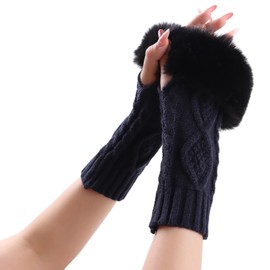 Knit Women Arm Warmer with Faux Fur Winter Fingerless Gloves Lady Fingerless Wrist Warmer Mittens (Navy)