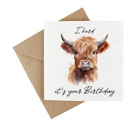 Plantable Seeded Happy Birthday Card - Eco-Friendly Wildflower Greeting Card - Highland Cow Funny Novelty Card