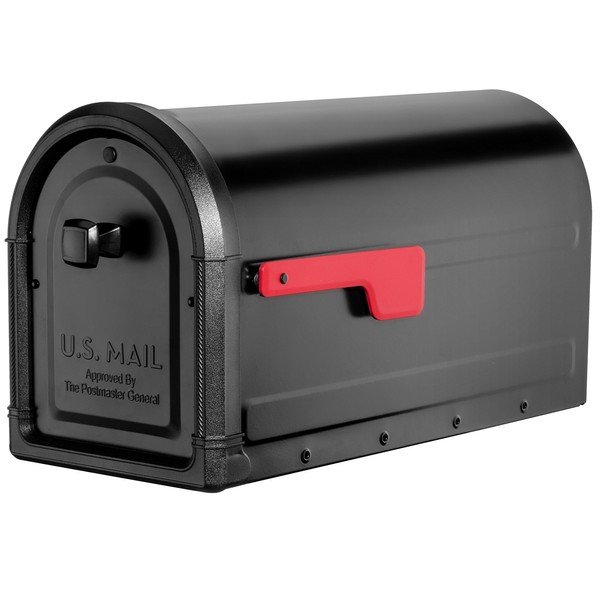 Architectural Mailboxes 7900-5B-R Roxbury Post Mount Black with Premium Cast Aluminum Knob and Red Flag Mailbox, Medium