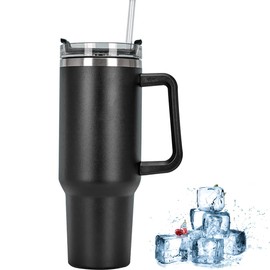 Vaso de 40 onzas con pajita, tapa y asa, taza de viaje portátil, taza de café aislada de acero inoxidable, a prueba de fugas, botella de agua aislada al aspiradora, para bebidas heladas calientes, regalo para hombres y mujeres (negro)