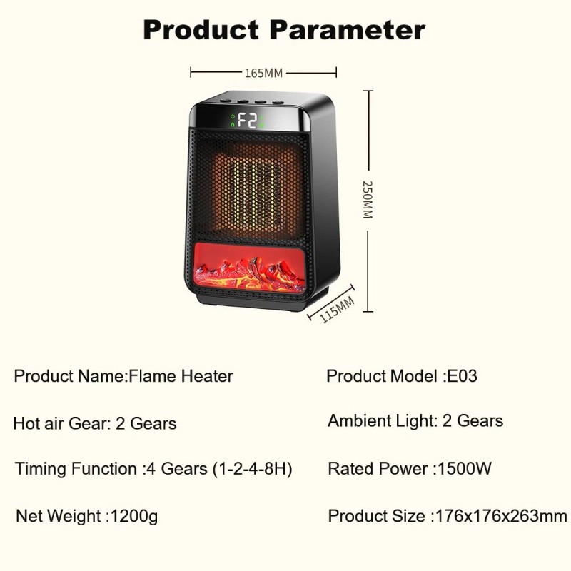 LED Realistic Flame Fireplace Heater - 1500W Home Office Christmas