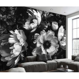 AFZEVEB-Black Peony Floral Wallpaper Vintage Large Flower Wall murals for Bedroom 136"x96"(Not Peel and Stick)