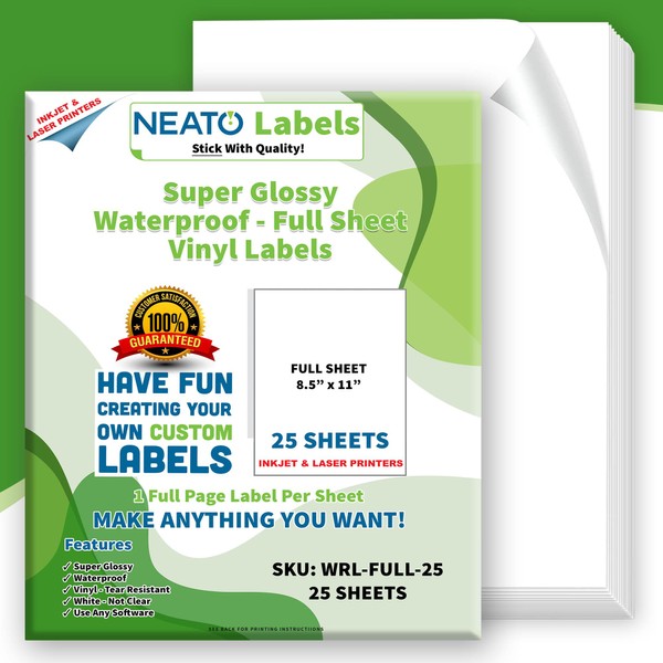 Printable Vinyl Sticker Paper (8.5" x 11") - 25 Super Glossy Waterproof Labels for Inkjet and Laser Printers - Premium White Full Sheets - Strong Adhesive - Tear Resistant