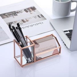 Hipiwe Glass Business Card Holder Stand Metal Pen Pencil Storage Holder for Desk Clear Business Card Display Organizer Case for Office Home Desktop,Rose Gold