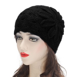 ZLYC Women's Winter Vintage Wool Knitted Beanie Bowler Hat, Plain Black