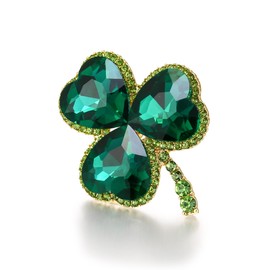 EVER FAITH St. Patrick's Day Statement Three Leaf Clover Ring, Crystal Heart Shaped Lucky Adjustable Rings, Irish Holiday Jewelry Gift for Woman Green Gold-Tone