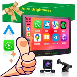 7-Inch Auto Brightness Portable Wireless Apple CarPlay & Android Auto Screen for Car with HD Backup Camera, Bluetooth Car Stereo & Multimedia Player, GPS Navigation, AirPlay, MirrorLink, RGB Lighting