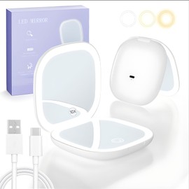 Espejo de Bolsillo con Luz LED, Espejo con Luz Portatil, con Aumento 1X/10X, Anillo de Luz de Doble Cara y 3 Modos de Luz, Espejo de Mano Recargable, Espejo Pequeño con Luz para Maquillaje (Blanco)