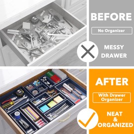 SpaceAid 14-Piece Bamboo Drawer Organizer Storage Boxes Set, Wood Tray Junk Drawer Organizers Multi-Use Divider Bins for Kitchen, Bathroom, Office Desk and Makeup Organization (14 Pack, Navy Blue)