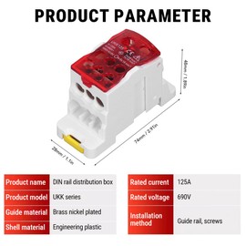 Uadme Terminal Block DIN Rail, 690 V 125 A DIN Rail Junction Box, Universal Connection Box, for Power Distribution Cabinets, Distribution Boxes and Various High Voltage Cabinets, Red