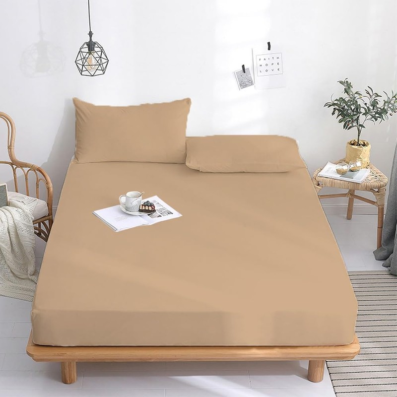 Ev Dekor Fitted Sheet Single, Beige - Deep Pocket Bedsheet