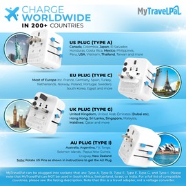 MyTravelPal Universal Travel Adapter with USB C & USB | Worldwide Travel Adapter | UK Safety Standards | Universal Plug Adapter with USB-C | International Travel Plug For Europe, USA, UK, Australia