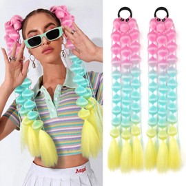 LyoRuSi 22 Inch Lightweight Colored Bubble Ponytail Extension for Girls Kids With Hair Tie - Vibrant and Easy to Install (Pink/Green/Yellow#)