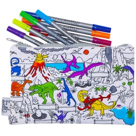 eatsleepdoodle Dinosaur Colouring Pencil Case for Kids w/ 10pk Washable Markers for Kids - 22x14cm Dinosaur Colouring Pencil Pouch for Kids