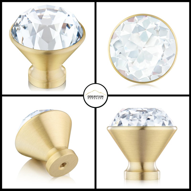 QOGRISUN 10-Pack Brass Crystal Cabinet Knobs,Glass Crystal Gold Drawer Knobs,1-1/4-Inch