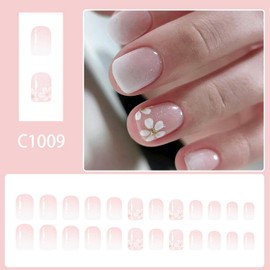 24pcs Short Square Press on Nails Flower Fake Nails Full Cover Glitter Stick on Nails with designs Acrylic Nails Pink White Gradient False Nails for Women Girls Workday Summer Glue on Nails