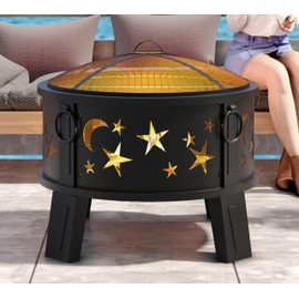 Kingson 66cm Outdoor Fire Pit with Grill & Mesh Cover, Wood Burning Steel Firepit with Poker & Star Spark Screen, Heavy Duty Patio Fire Bowl for Backyard, Camping & Garden