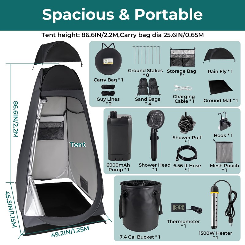 Portable Camping Shower Kit: 7ft Tent, 6000mAh Pump, 1500W Heater