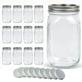 Jumterlee Mason Jars 32 oz 12 Pack, Wide Mouth Mason Jars with Airtight Lids and 12 White Plastic Mason Jar Lids, Clear Glass Mason Jars, Canning Jars