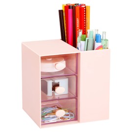 LETURE Small Desk Organizer with Drawer, Office School Business Storage Box for Card/Pen/Pencil/Marker/Stationery, Plastic Cosmetic Makeup Organizer (Pink)