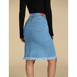 luvamia Women's Casual Mid Rise Button Down Frayed Raw Hem Stretchy Denim Midi Skirt Jean Skirt Light Blue Size Small