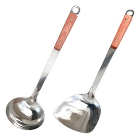 SD-OTFLSET2 Outdoor BBQ Ladle Spatula Set for Hot Pot and Teppan Dishes, Wood Grip, Stainless Steel