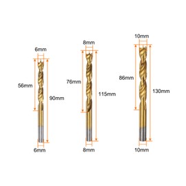 QUARKZMAN Brad Point Drill Bit Set 6/8/10 mm Diameter Straight Round Shank Drill Bit Metric Brad Point Spiral Twist Drill Bit for Carpenters Woodworking Plastic Rubber Golden 3-in-1 Set