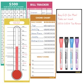 HOMiDEK Magnetic Whiteboard for Fridge - Reusable Dry Erase Chore Chart, Fundraising Thermometer Goal Tracker, Bill Payment Tracker, Money Saving Challenge and Memo Pad, 4 Markers - 5 Sheets, 4" x 10"