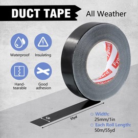 Fyguard 2 Rolls of Duct Tape, 25 mm x 50 m Duct Tape, Black Repair Tape, 210μ Fabric Tape, Waterproof for Repairing, Fastening, Bundling, Reinforcing Sealing