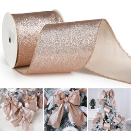 DINDOSAL Rose Gold Glitter Wired Ribbon 4" x 10 Yards Sparkling Rose Gold Christmas Tree Ribbon for Bows Making, Wreaths and Garlands, Home Decor, Gift Wrapping, Swag, Front Porch, Mailbox
