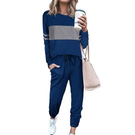 PRETTYGARDEN Women's Color Block 2 Piece Tracksuit Crewneck Long Sleeve Tops Long Sweatpants Outfits Lounge Sets(Bright Blue,Small)