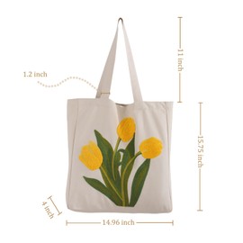 Perseverance Trade Aesthetic Embroidery Canvas Tote Bag for Women Cute Yellow Tulip Shoulder Bag with Magnetic Buckle Zipper Inner Pocket Reusable Cotton Bag for Shopping Grocery Beach Work Book