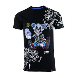 SCREENSHOT-S1165 Mens Streetwear Premium Designer Tee - Mask Off Skeleton Cartoon Teddy Bear Patch Embroidery Chain Stitch T-Shirt-Black-Medium
