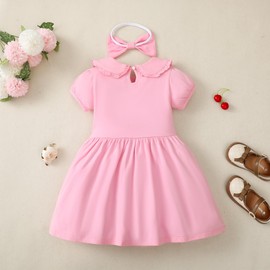 LYSMuch Toddler Girls Short Sleeve Dresses Peter Pan Collared Dress Solid Color Puff Playwear Outfit with Headband（Pink,4 Years）