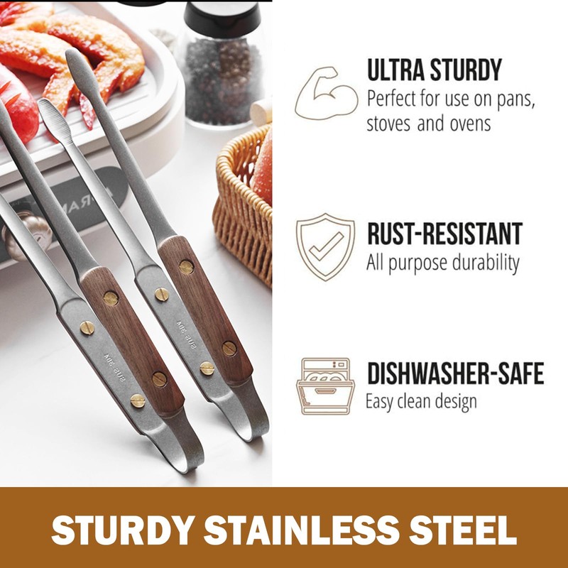 2-Pack 9.5" Stainless Steel Kitchen Tongs with Wooden Handle, Cooking