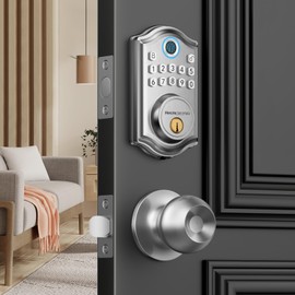 AkaGear DS10 Keyless Entry Door Lock, Fingerprint, Exterior Door Knob Handle, 2 Keys, Electronic Keypad, One-time Code, Smart Locks for Front Door, Bedroom, Auto-Lock, Easy Installation - Satin Nickel